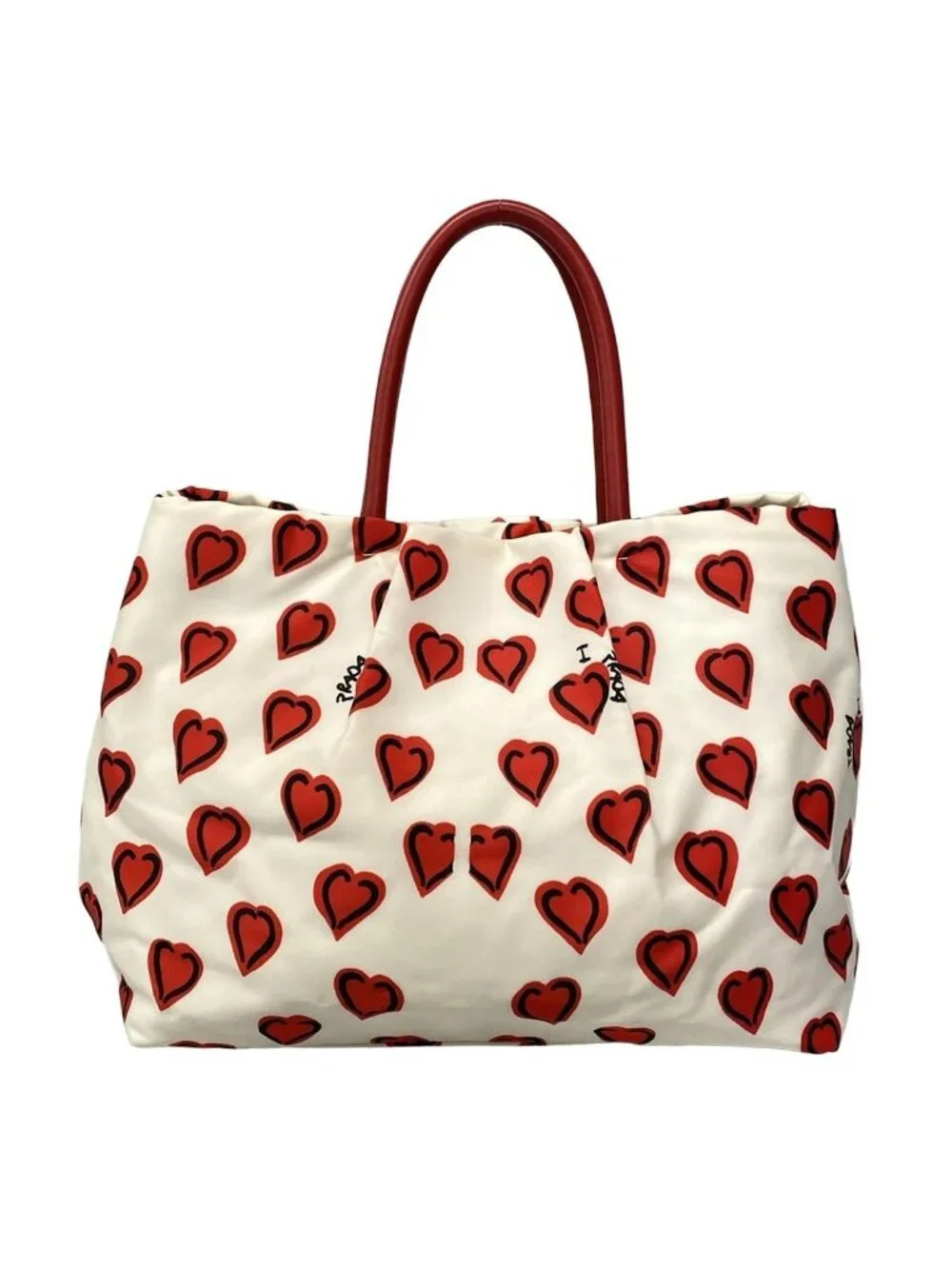 Prada Tote Ivory Red Black Heart Pattern Ribbon Leather - Picture 3 of 15
